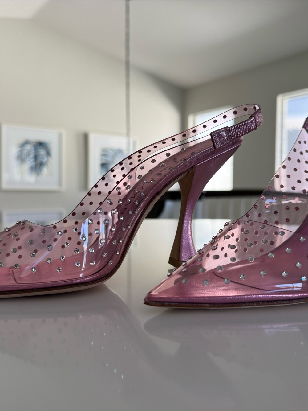 Stuart Weitzman Pink Crystal-Embellished PVC Slingback Heels